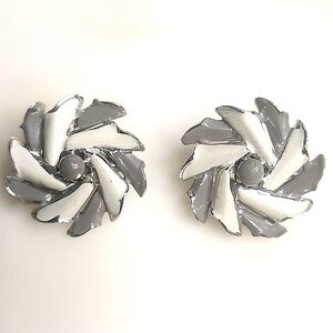 Vintage Coro Silver and White Enamel Swirl Clip-on Earrings
